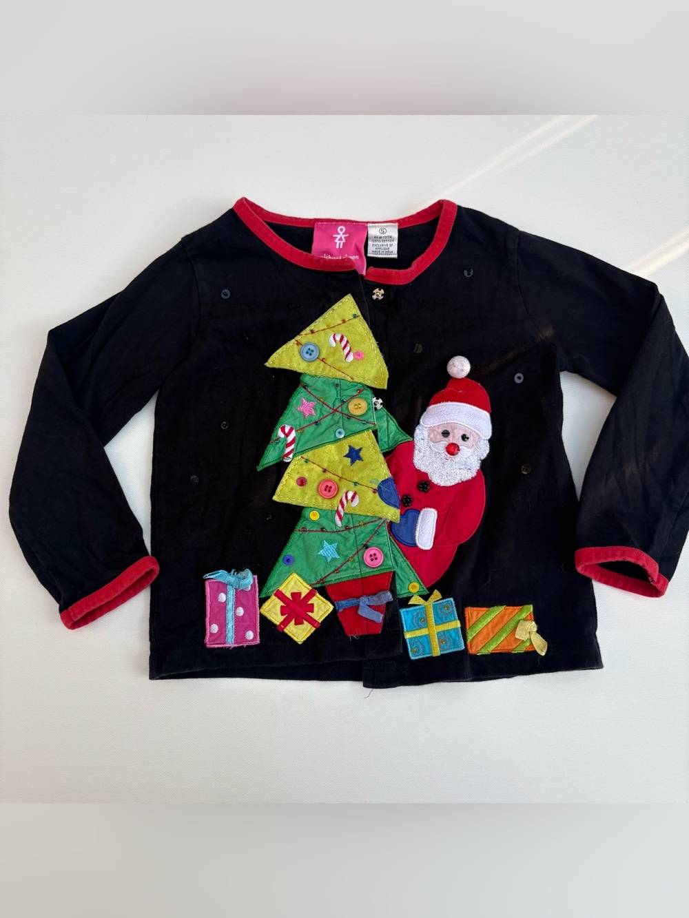 Michael Simon Black Kids Christmas Tree & Santa Appliqué Top with Red Trim